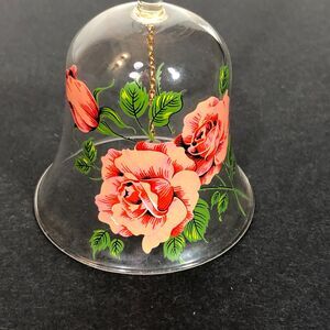 Clear Glass Bell Glass, Pink Roses, 6 1/2" Tall Vintage